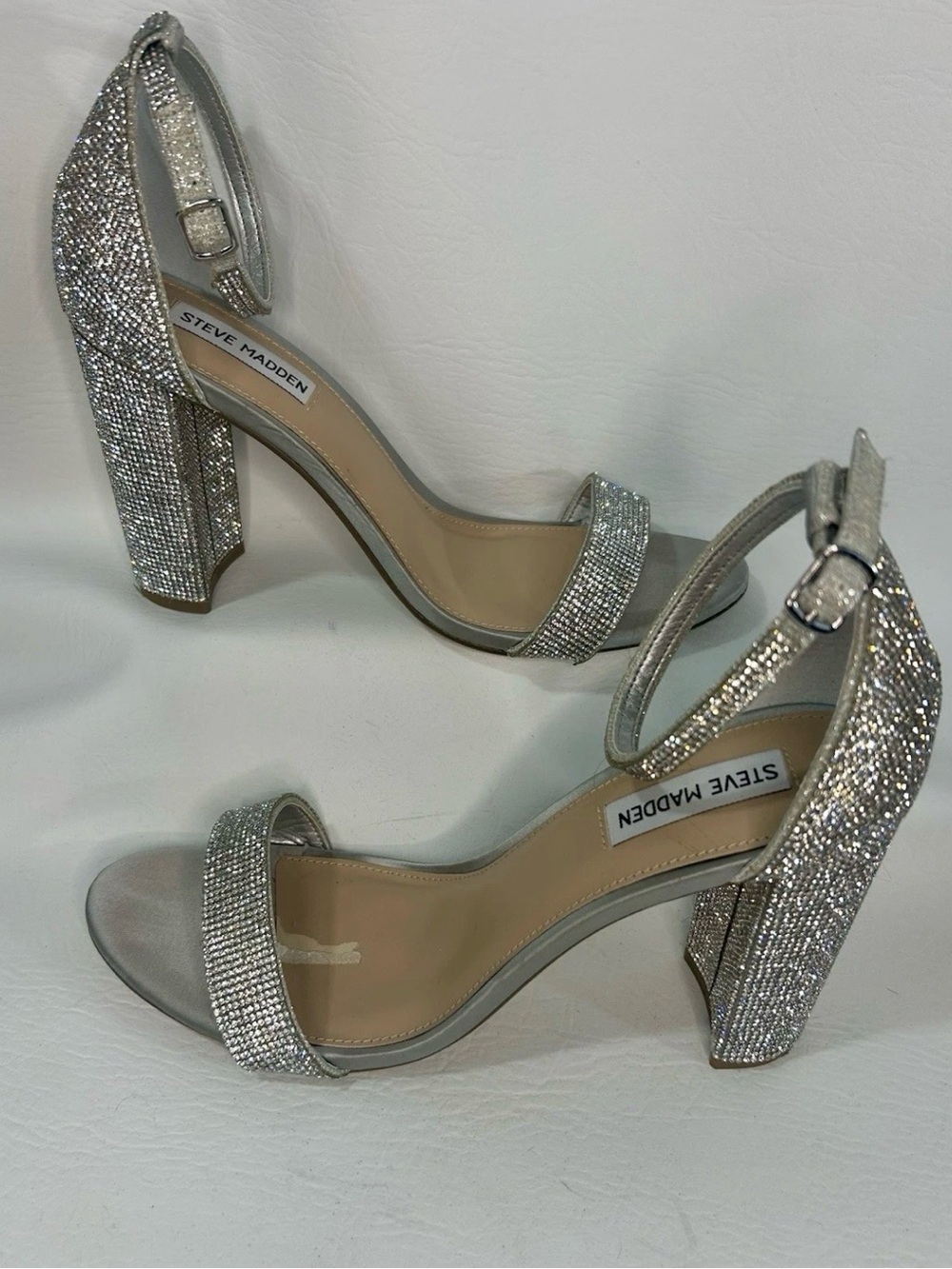 Steve Madden Silver Glitter Ankle-Strap Block Heels